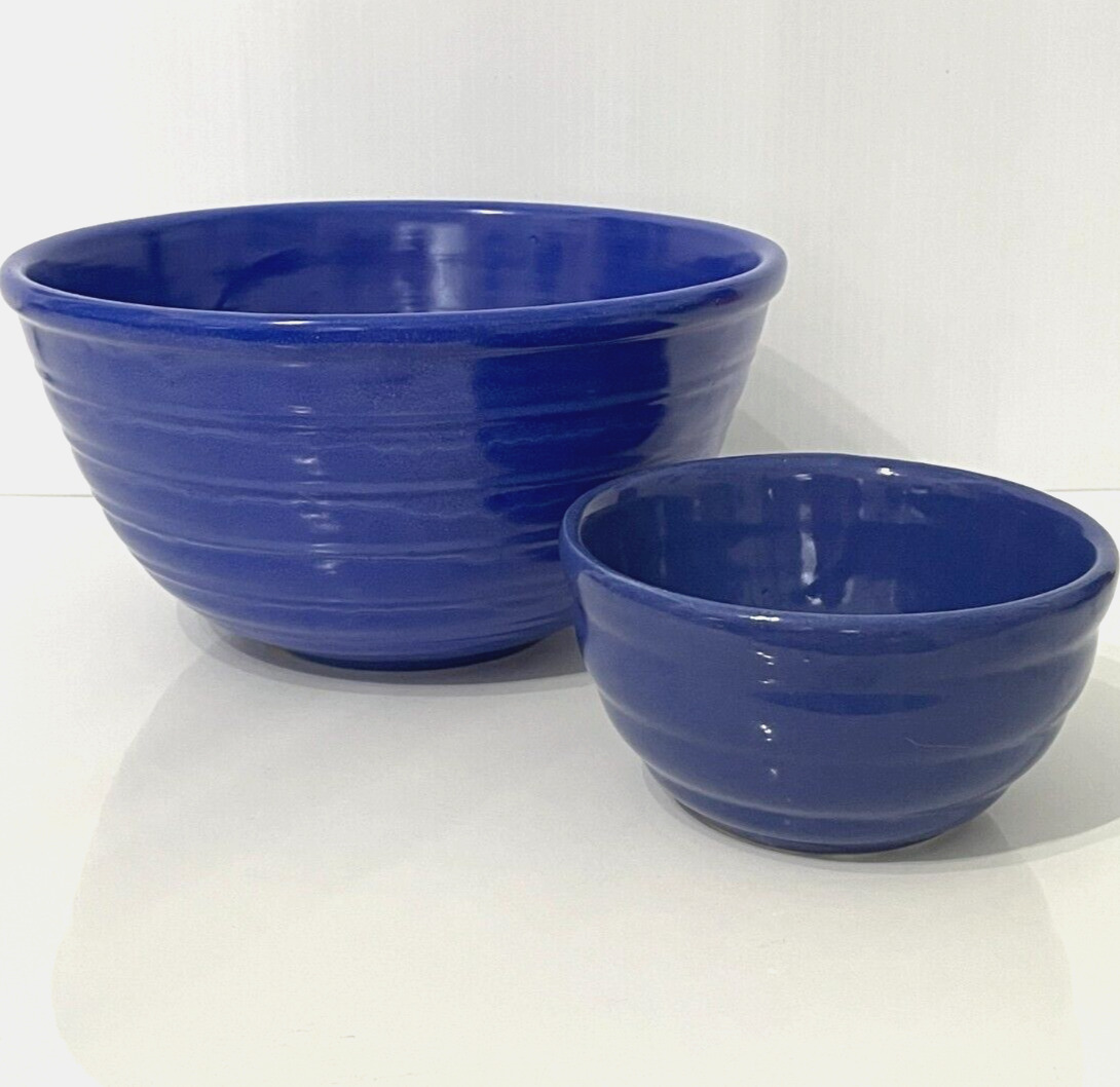 VTG Stoneware Pottery Mixing Bowls Ribbed Beehive Cobalt Blue 2pcs 6\