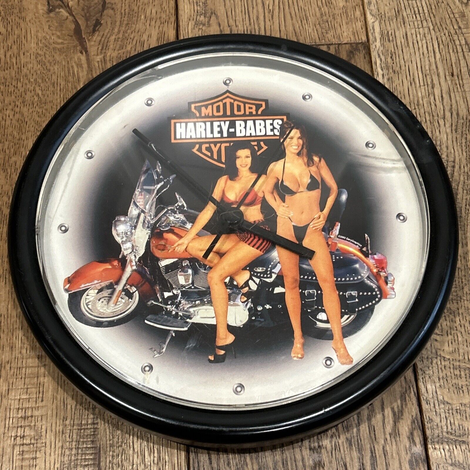 Vintage 9” Harley Davidson Motorcycle Harley-Babes Bikini Girls Wall Clock Works