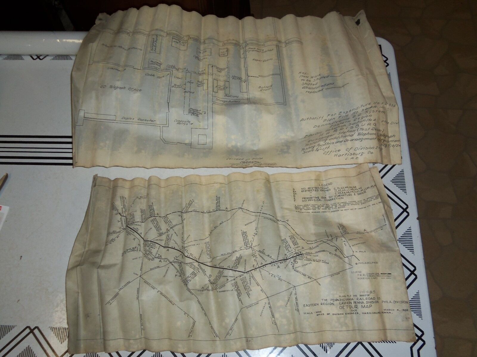 2 Old Pennsylvania Railroad Maps / Blueprints - Detour 1930 & Harrisburg Office
