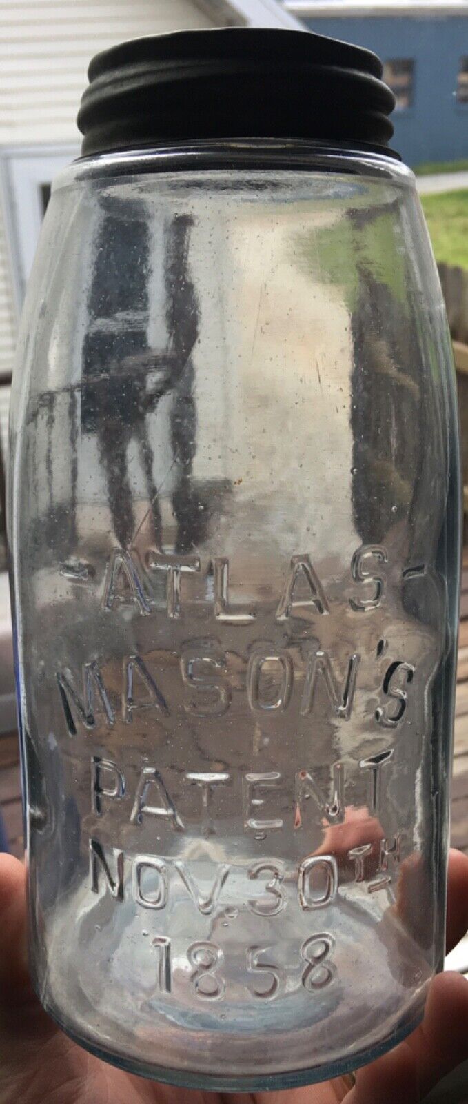 Vintage Early Atlas Mason’s Patent 1858 Fruit Jar 1/2 Gallon Clear  SCA,Zinc Lid