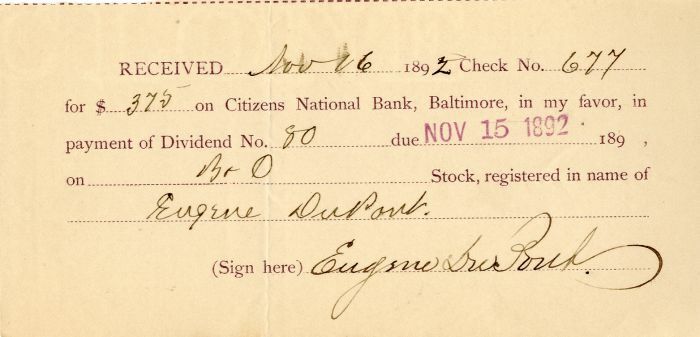 Baltimore and Ohio Receipt signed by Eugene du Pont - Autographs - Autographs of