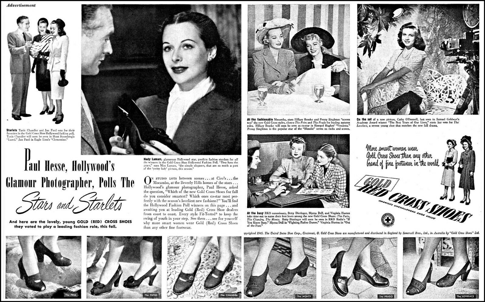 1947 Red Cross Shoes Hedy Lamarr~Myrna Dell actress photos vintage print ad adL3