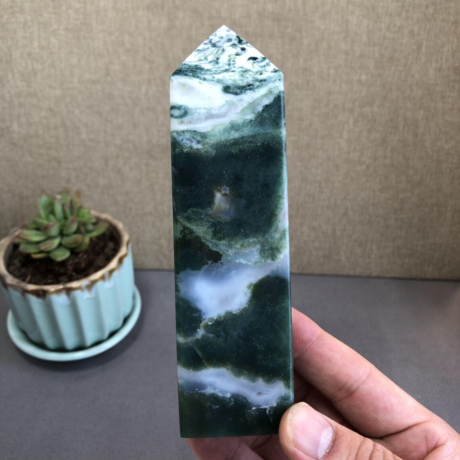 Natural Polish Moss Agate Multiple veins Crystal Wand POINT free standing A1388