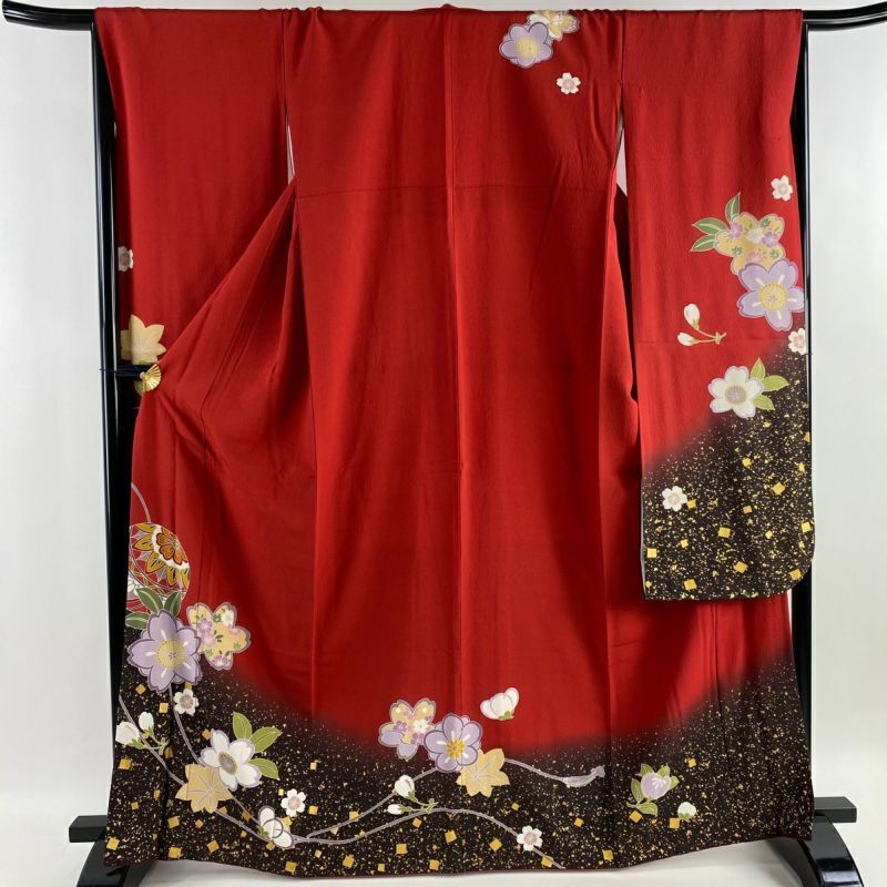 65.7inc Japanese Kimono SILK FURISODE Ball Golden Red