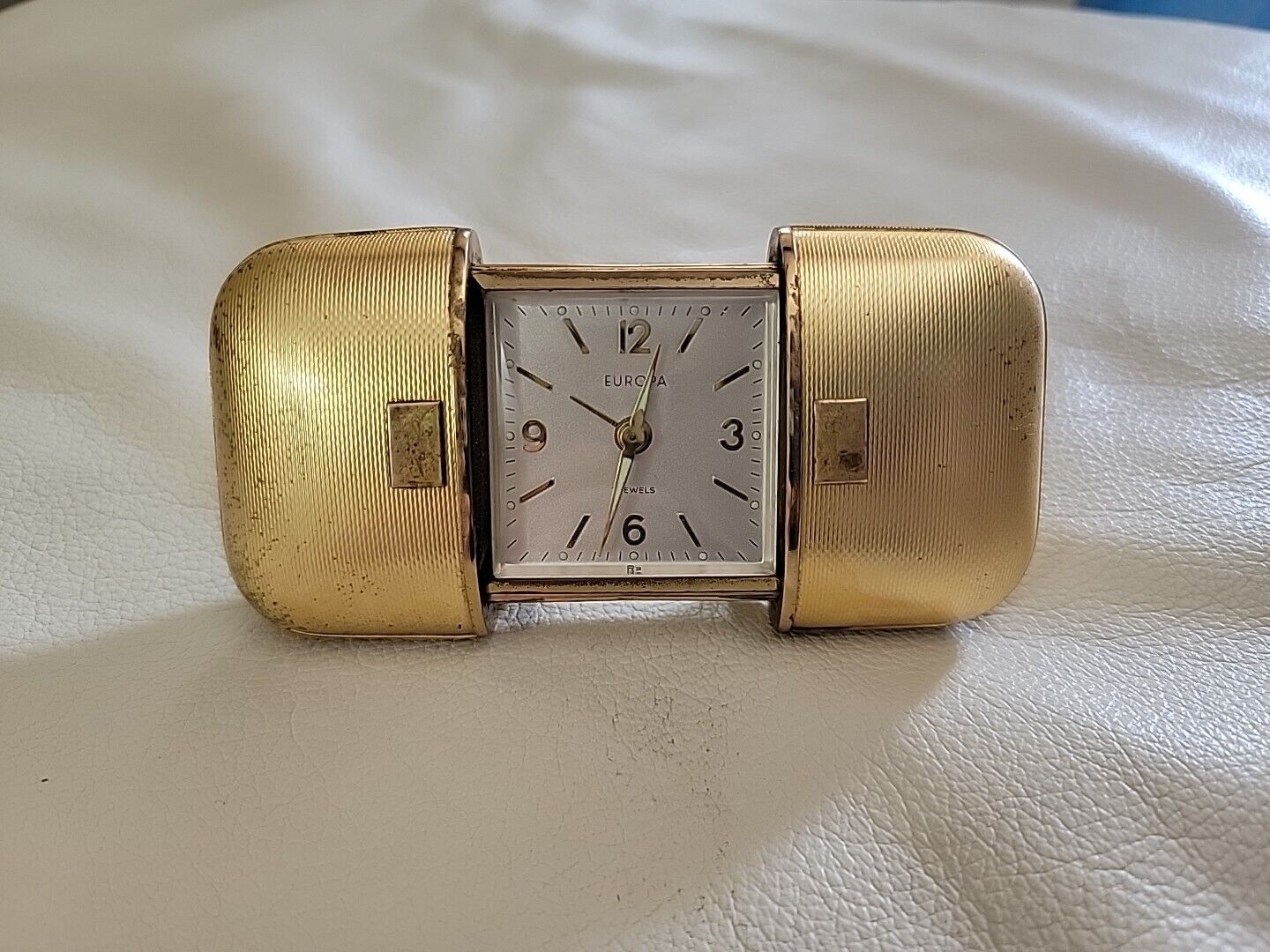 Vintage Europa 7 Jewel Brass Footed Sliding Travel Alarm Clock WORKS Germany