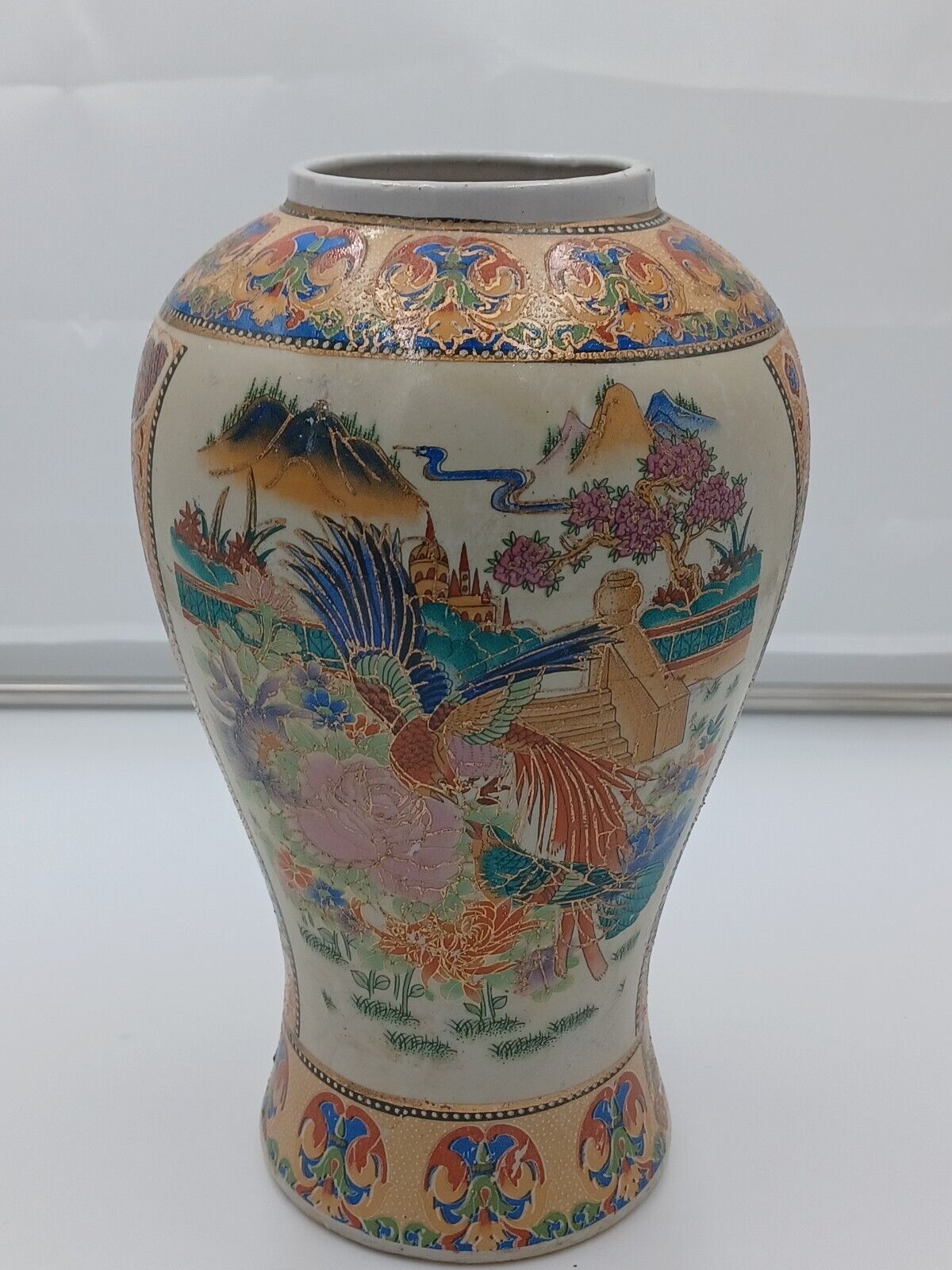 Oriental Asian Vase Birds Flowers Mountains Rivers Gold Accents Marked 10.5x8\