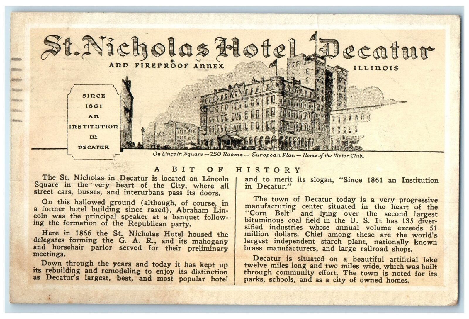 1937 St. Nicolas Hotel Decatur & Restaurant History Decatur Illinois IL Postcard