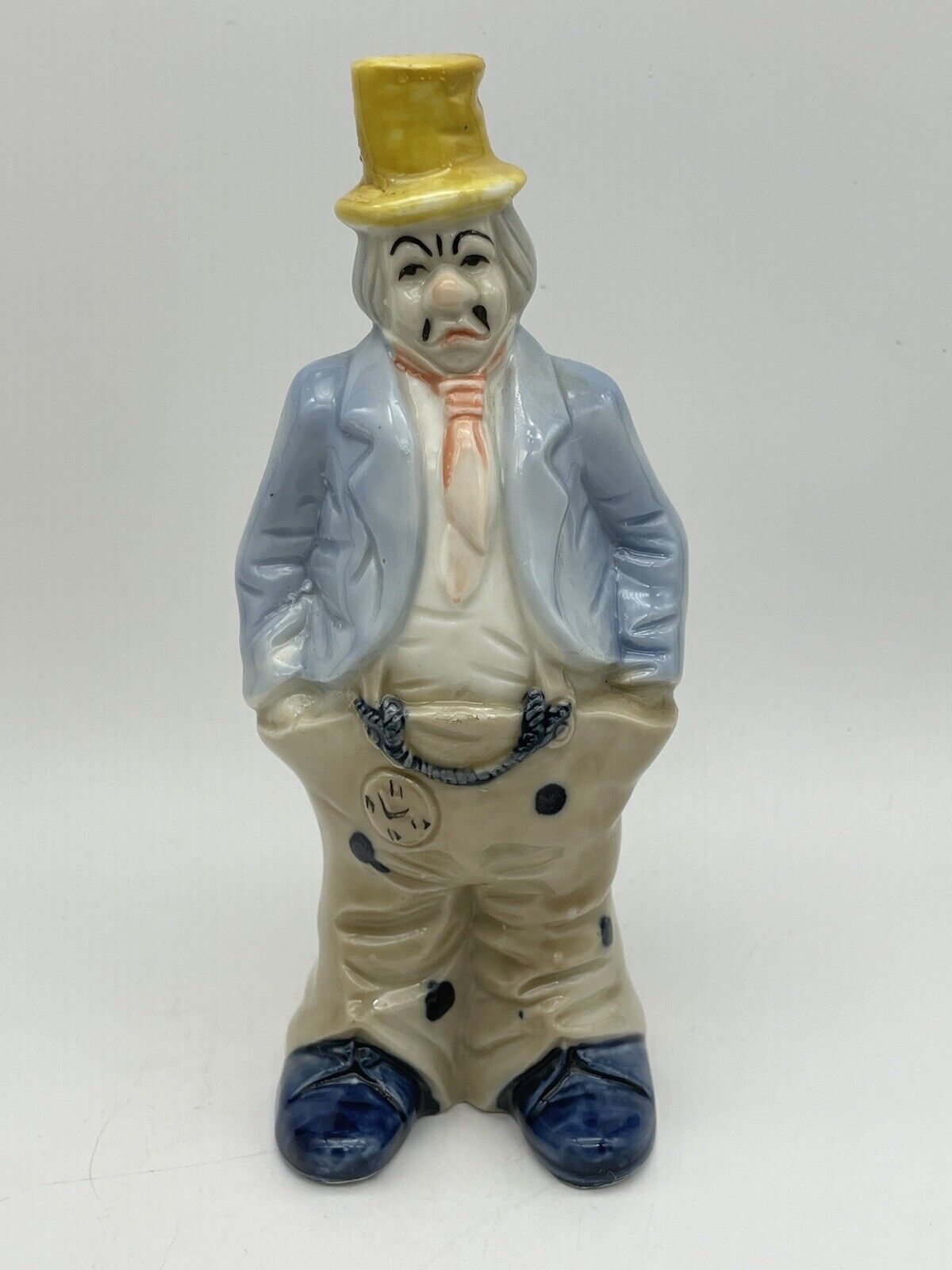 VTG 7” Porcelain Sad Faced Clown Wearing Top Hat & a Large Pocket Watch