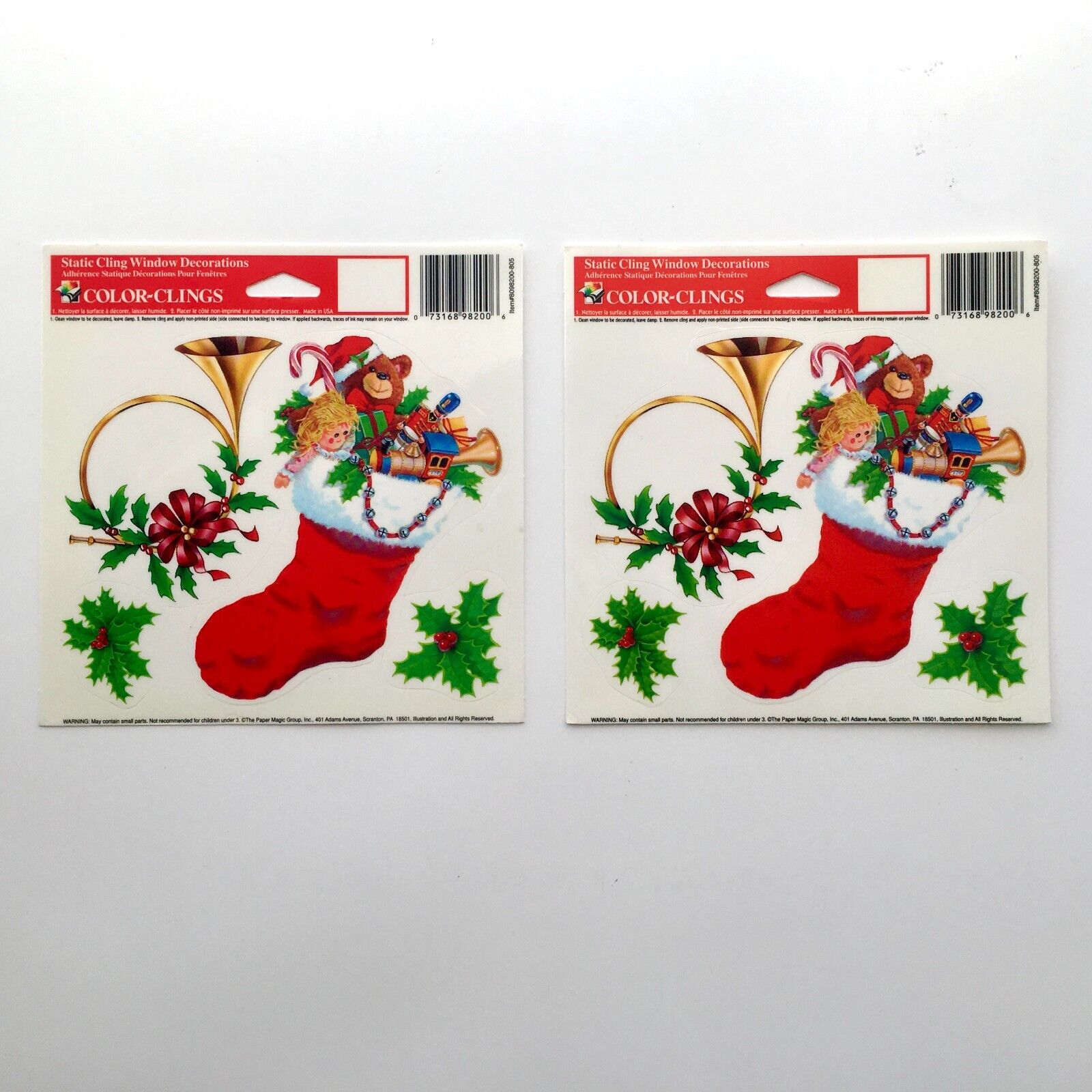 2x VTG Color-Clings Christmas Window Decorations Stockings Toys Horn Paper Holly