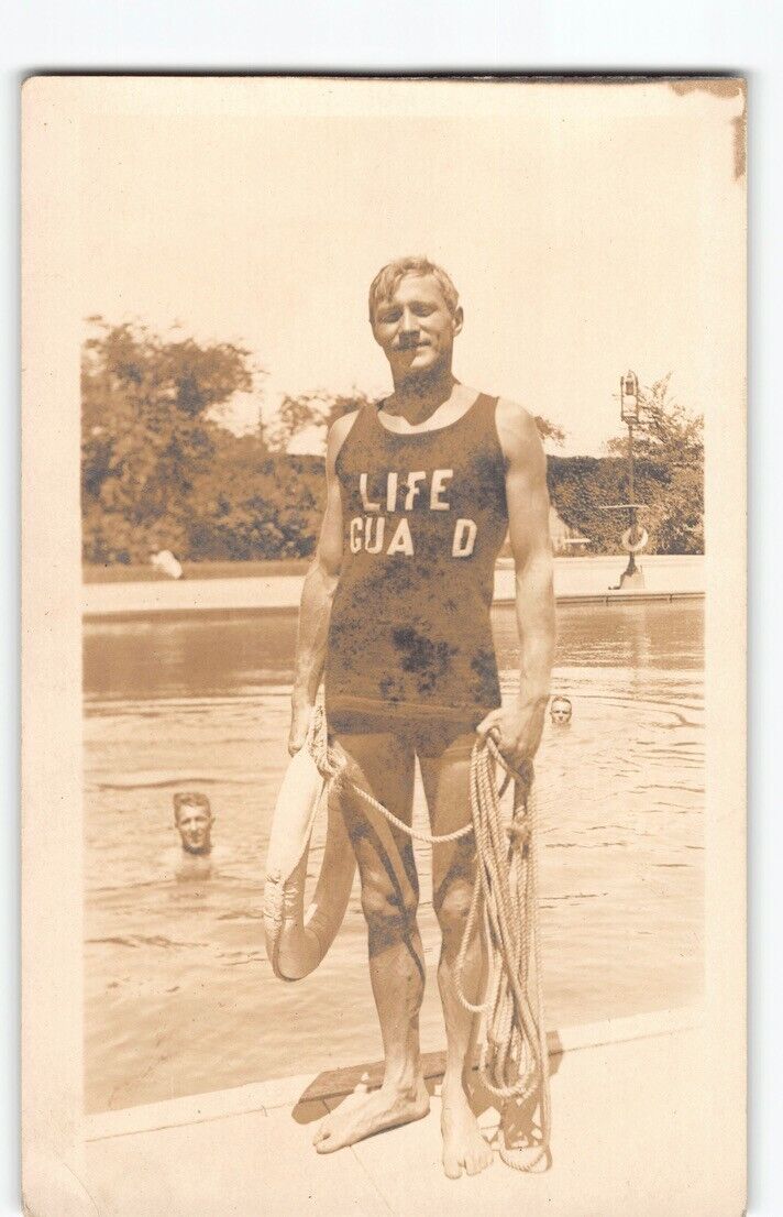 Muscular Male LIFE GUArD Antique RPPC Postcard Man Gay Beefcake Swimsuit Men-P3