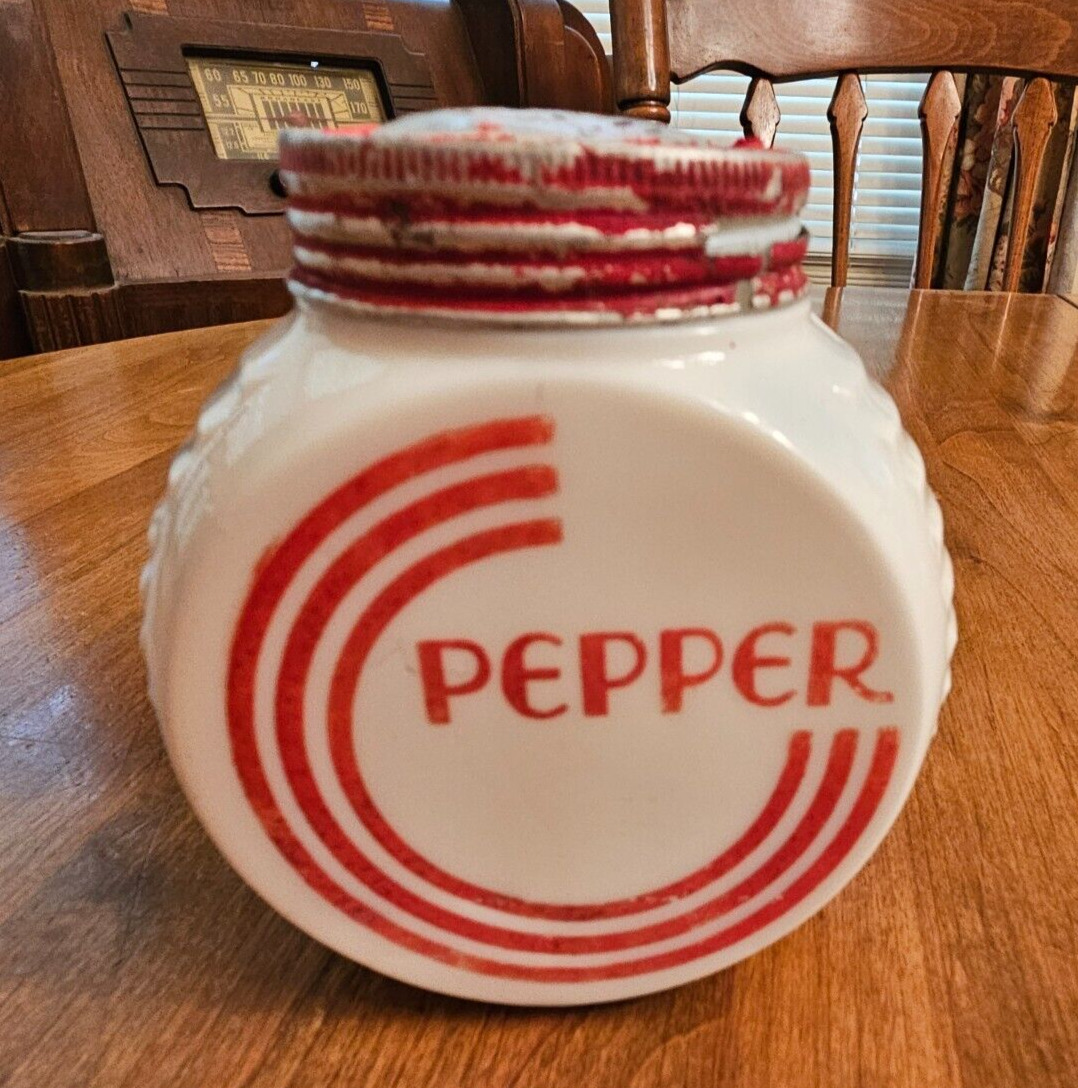 Fire King 1950\'s Vintage Milk Glass ART DECO Pepper Shaker RED Lettering
