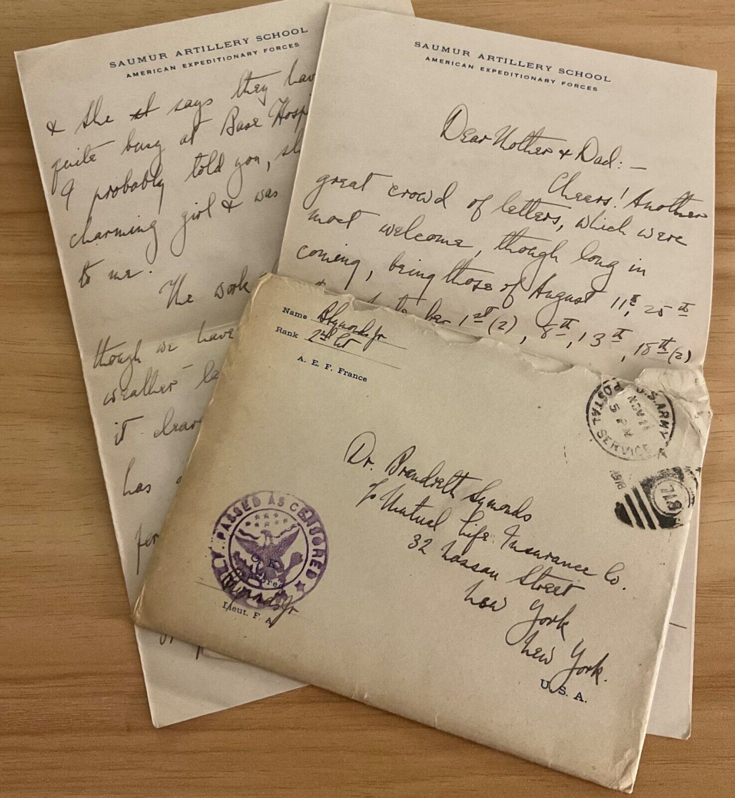WWI AEF letter 2Lt FA, the end is very near, send cigarettes, Artillery  School