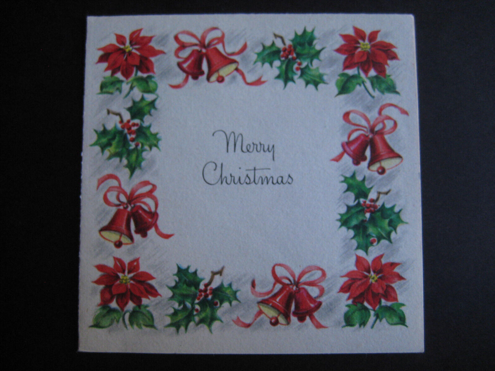 1947 vintage greeting card Hallmark CHRISTMAS Poinsettias, Bells, Holly