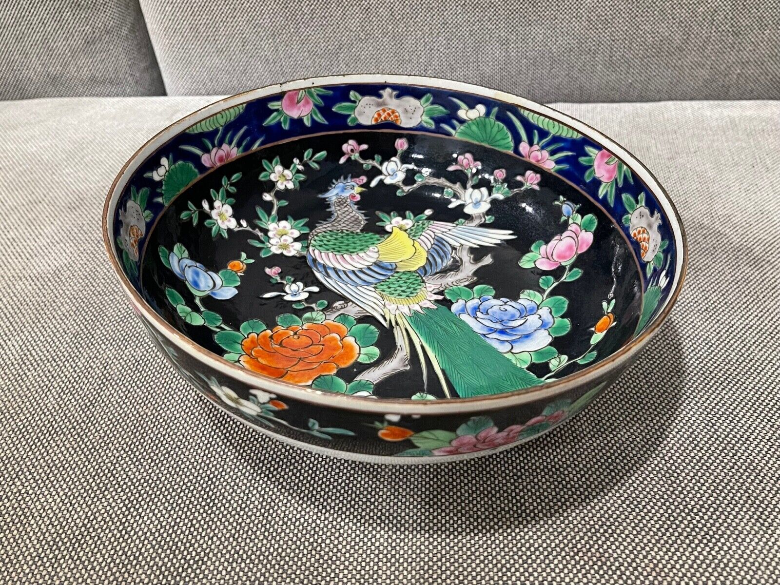 Vintage Chinese or Japanese Porcelain Bowl w/ Phoenix & Flowers Decoration