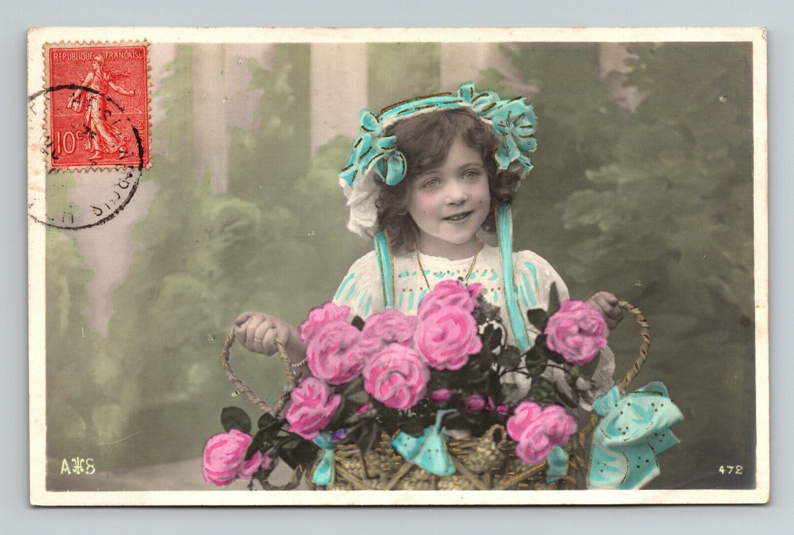 RPPC Hand Tint Little Girl Blue Bows Roses Curls Studio Posed PU 1907 (A366)