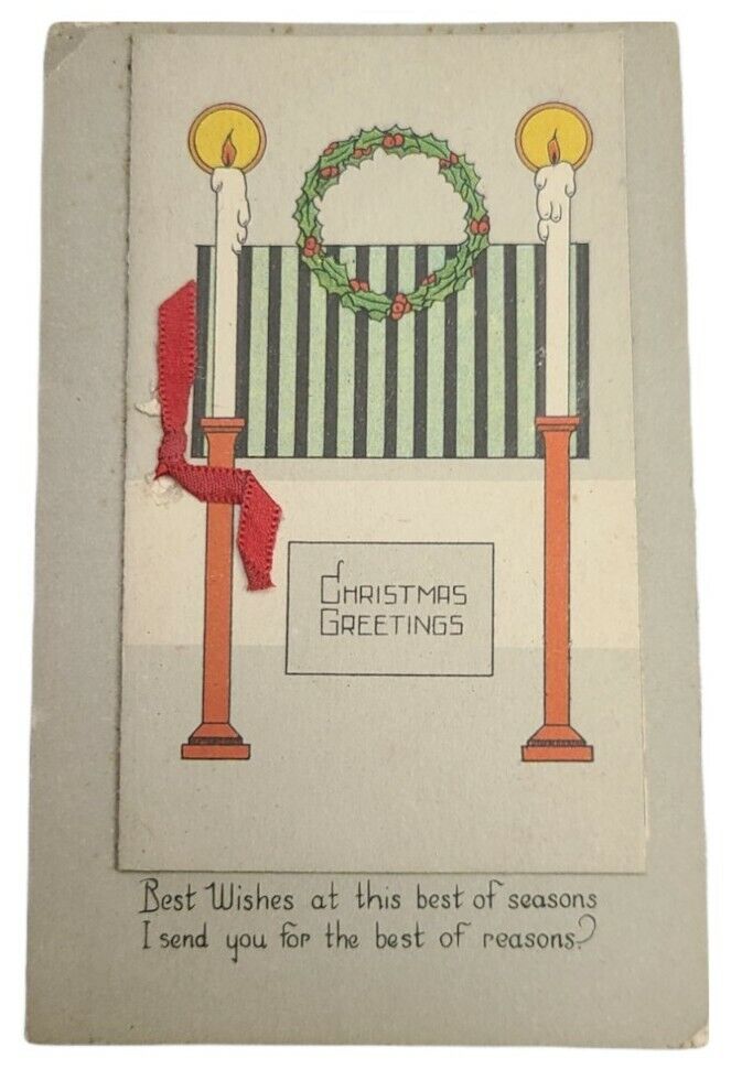 VIntage Christmas Card on Postcard - Wreath, Candles, Flowers, Ribbon