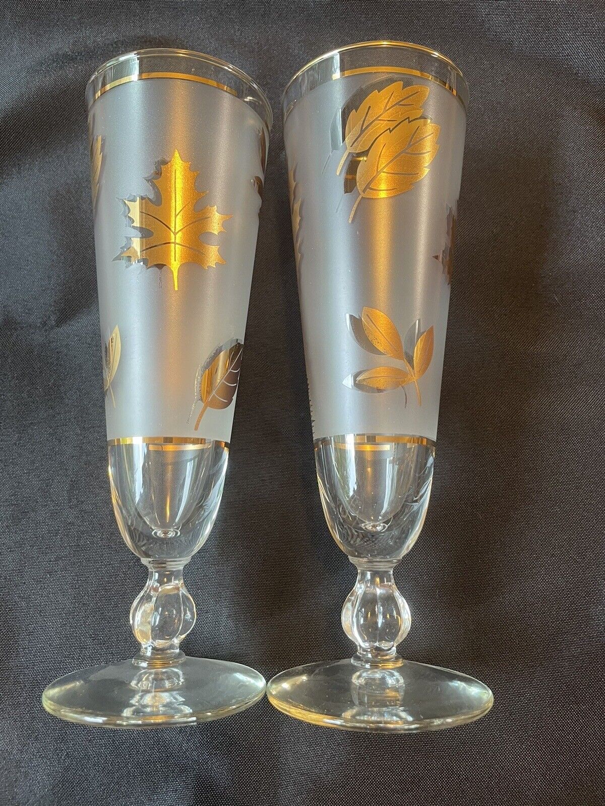 Vintage Libbey Gold Leaves Pilsner Parfait Tapered Beer Frosted Glasses Set Of 2