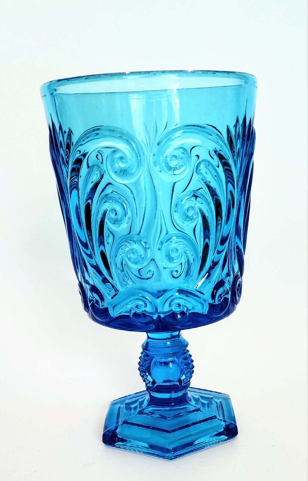 Antique Cerulean Blue Pressed Glass Wine Goblet 10oz Scroll by Imperial 8 avail.