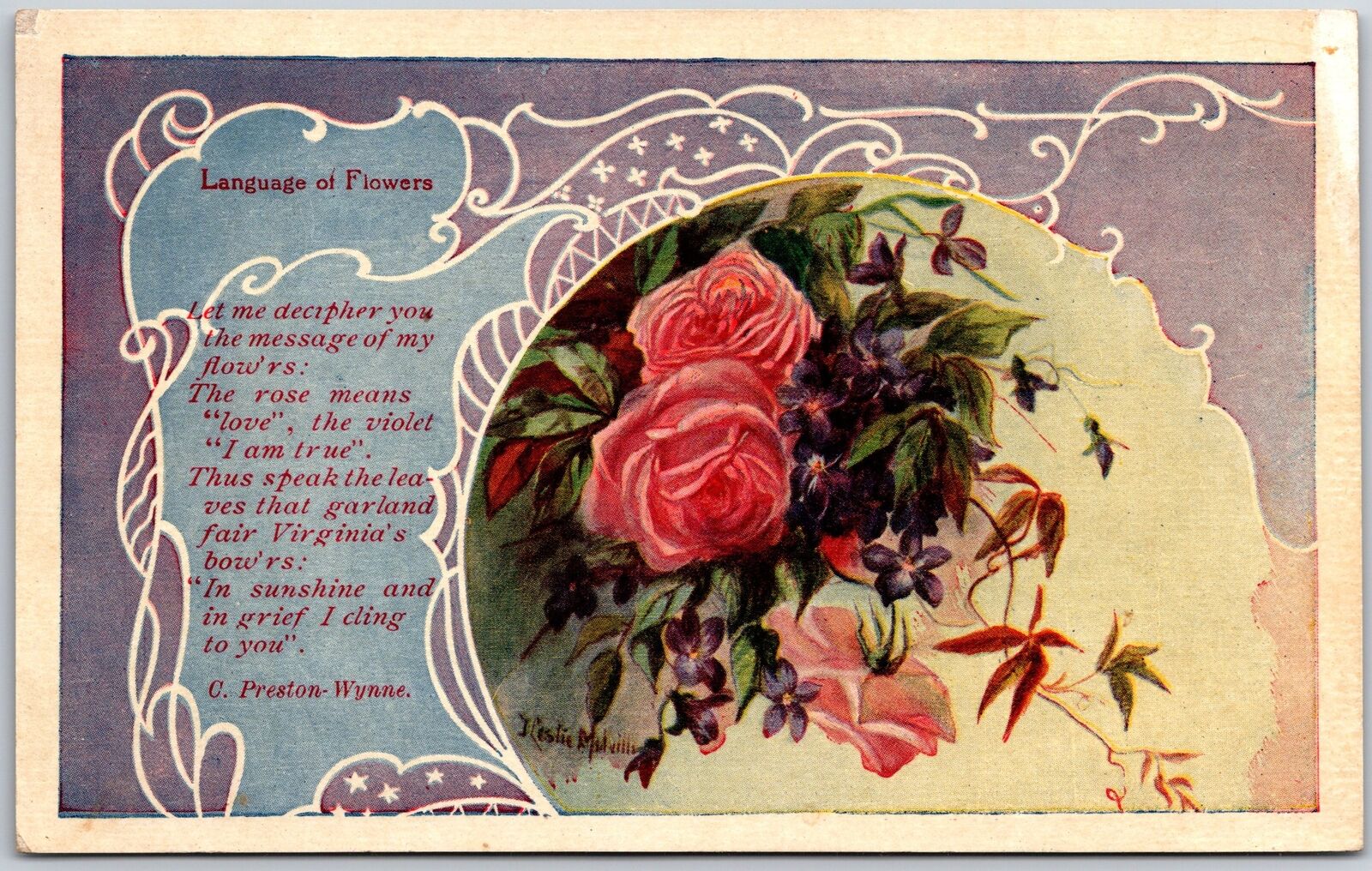 1909 Language of Flowers Bouquet Poem Greetings Wishes Card Posted Postcard