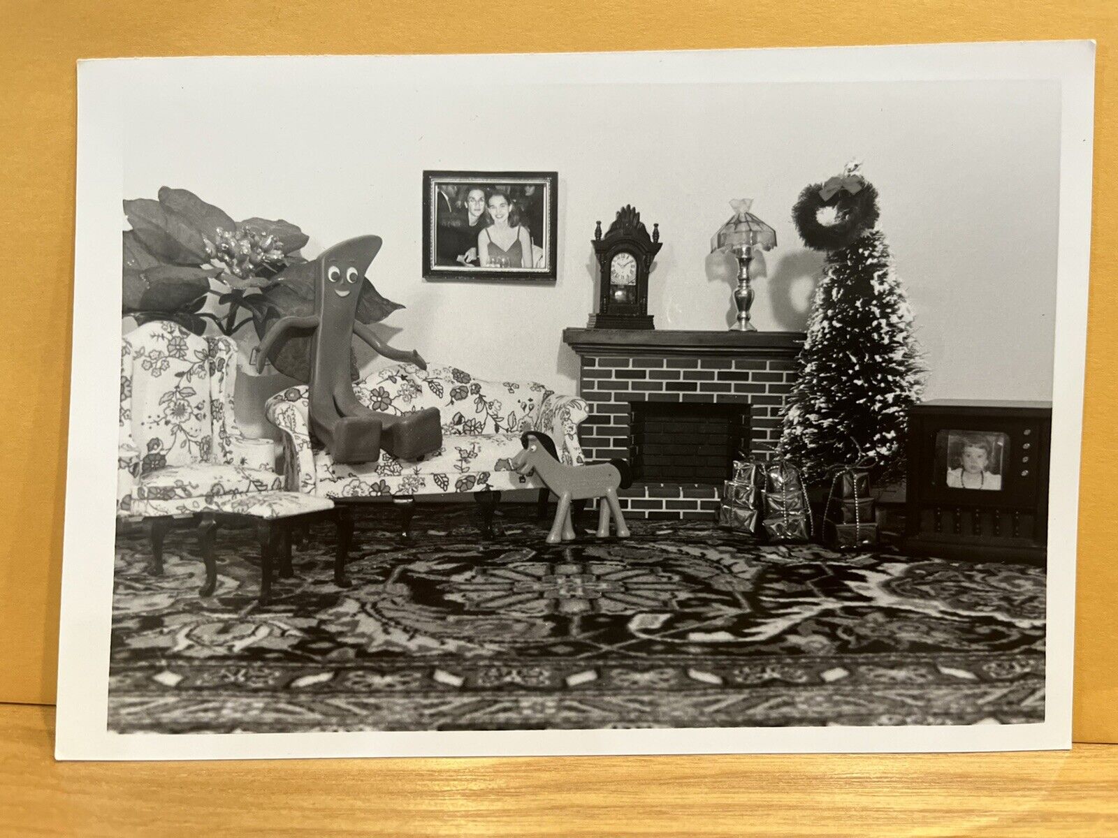 Vintage Gumby FamIly Christmas  Photo 7 1/4x4 7/8 Mid Century Decor Black White