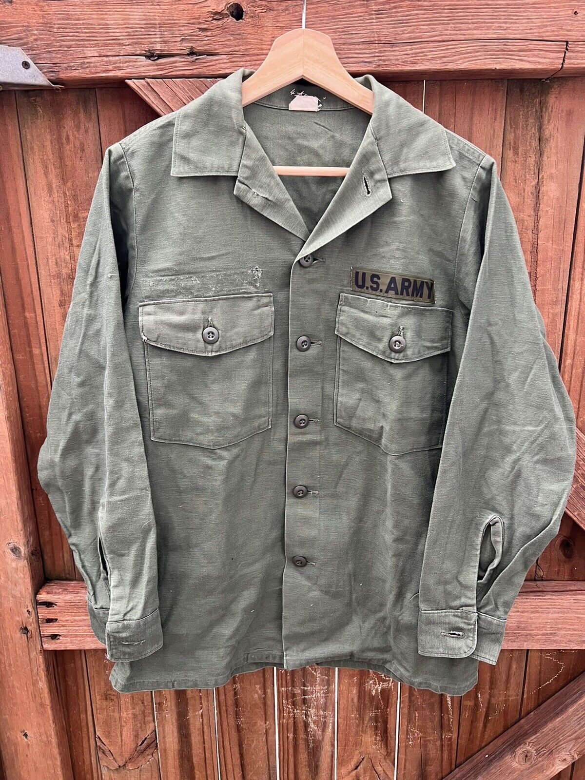 Vtg Vietnam US Army Uniform Shirt 14.5 x 31 Cotton Sateen OG107 Green Olive Drab