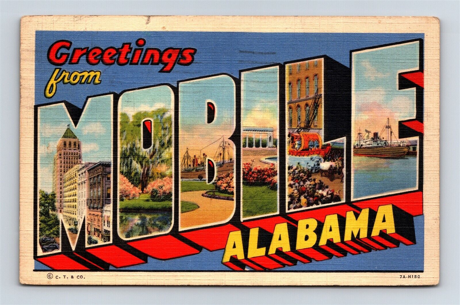 Postcard AL Large Letter Greetings From Mobile Alabama 1937 Linen B45