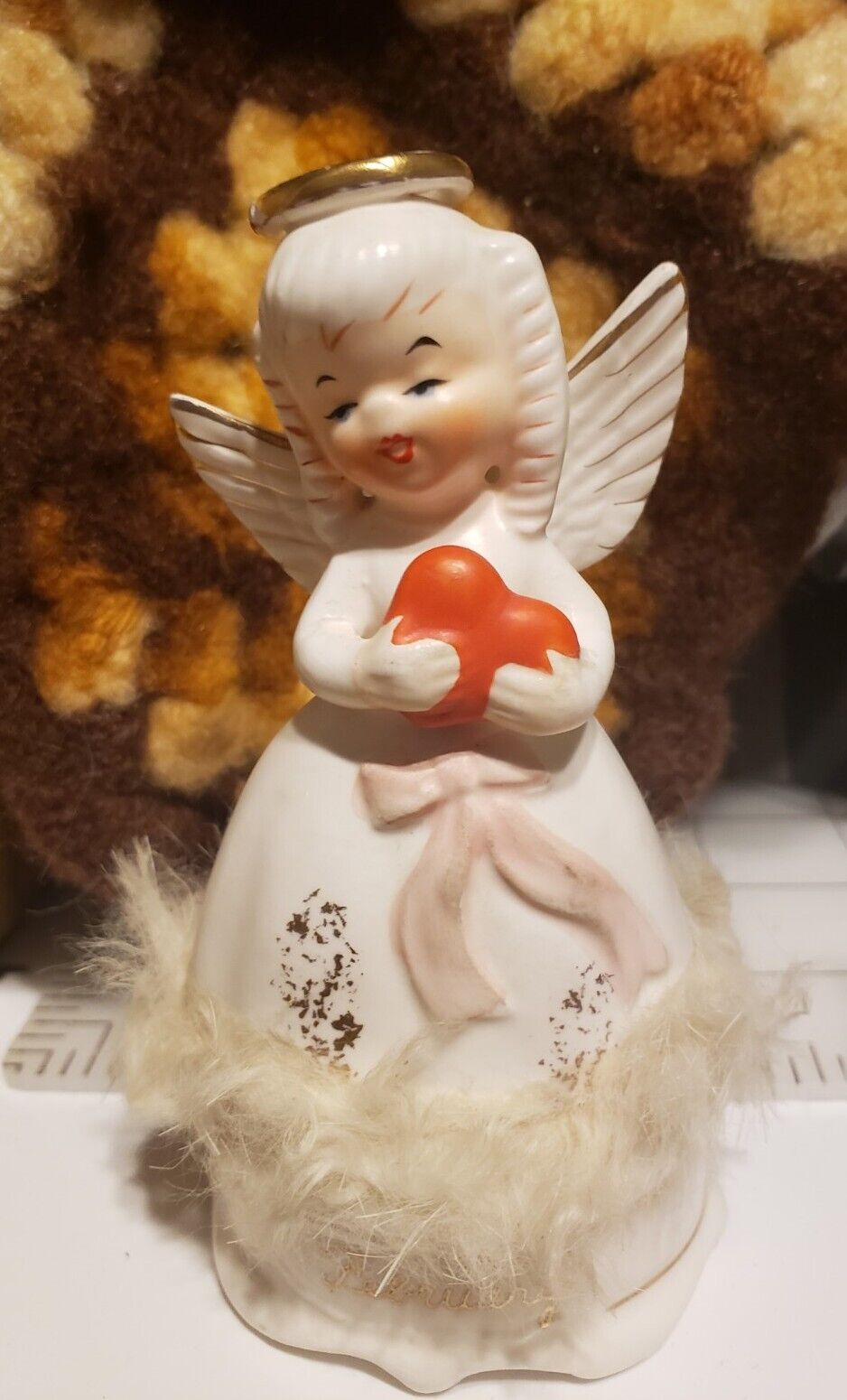 VTG Napco Real Fur February Valentine\'s Birthday Angel Girl Figurine 1950s 