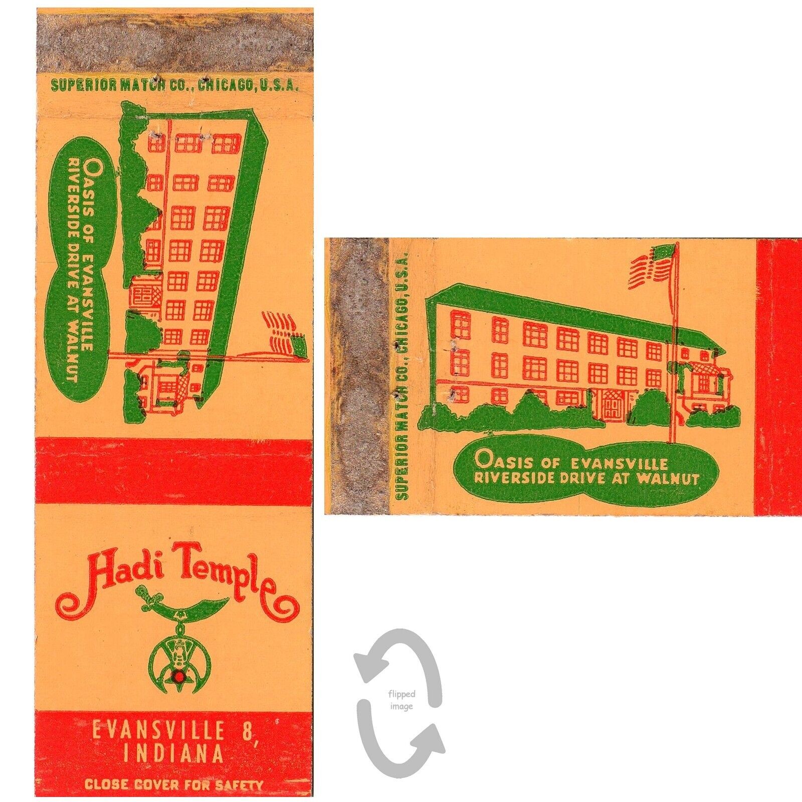 Vintage Matchbook Cover Shriner Hadi Temple Evansville Indiana 1950s restaurant