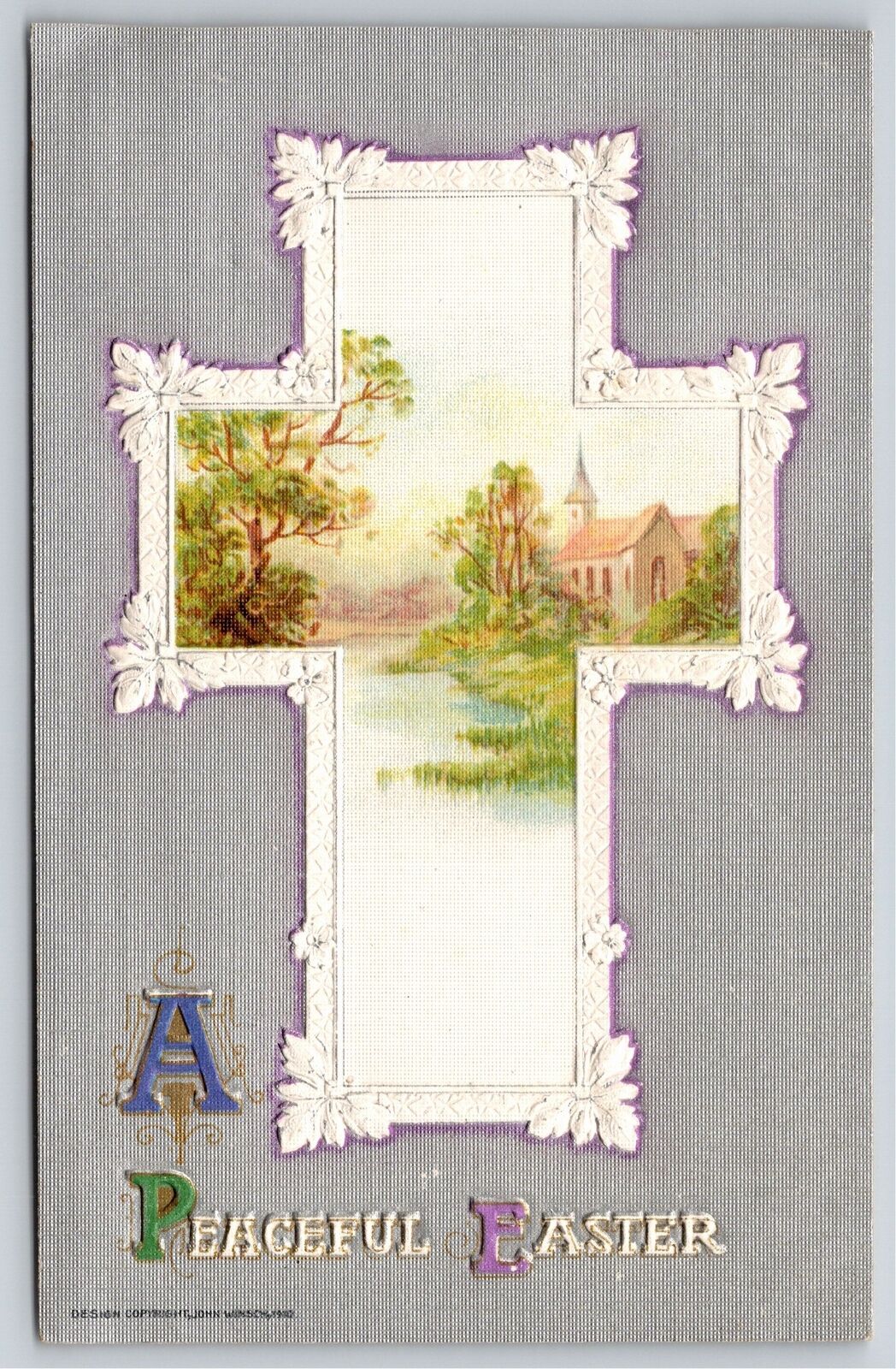 Winsch~A Peaceful Easter~Church & Lake Scene In Cross Frame~Emb~Vintage Postcard