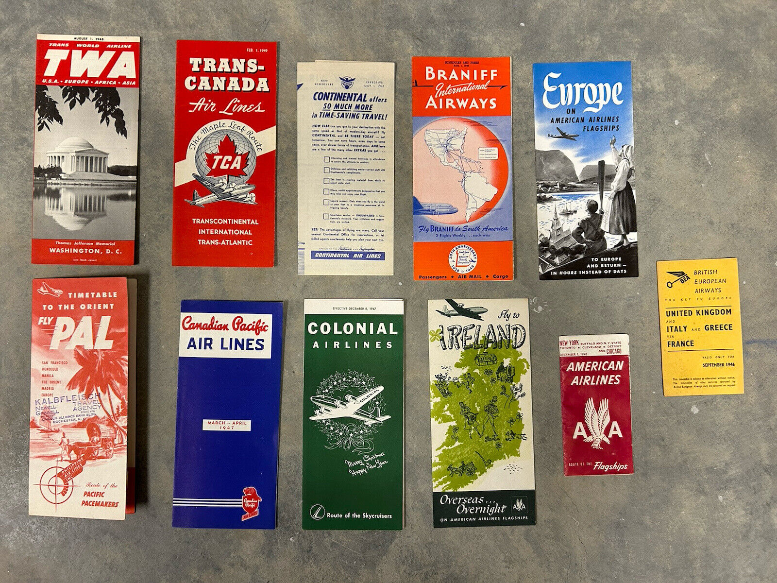 Lot of 11, 1946-1949 Airline Timetables/Brochure