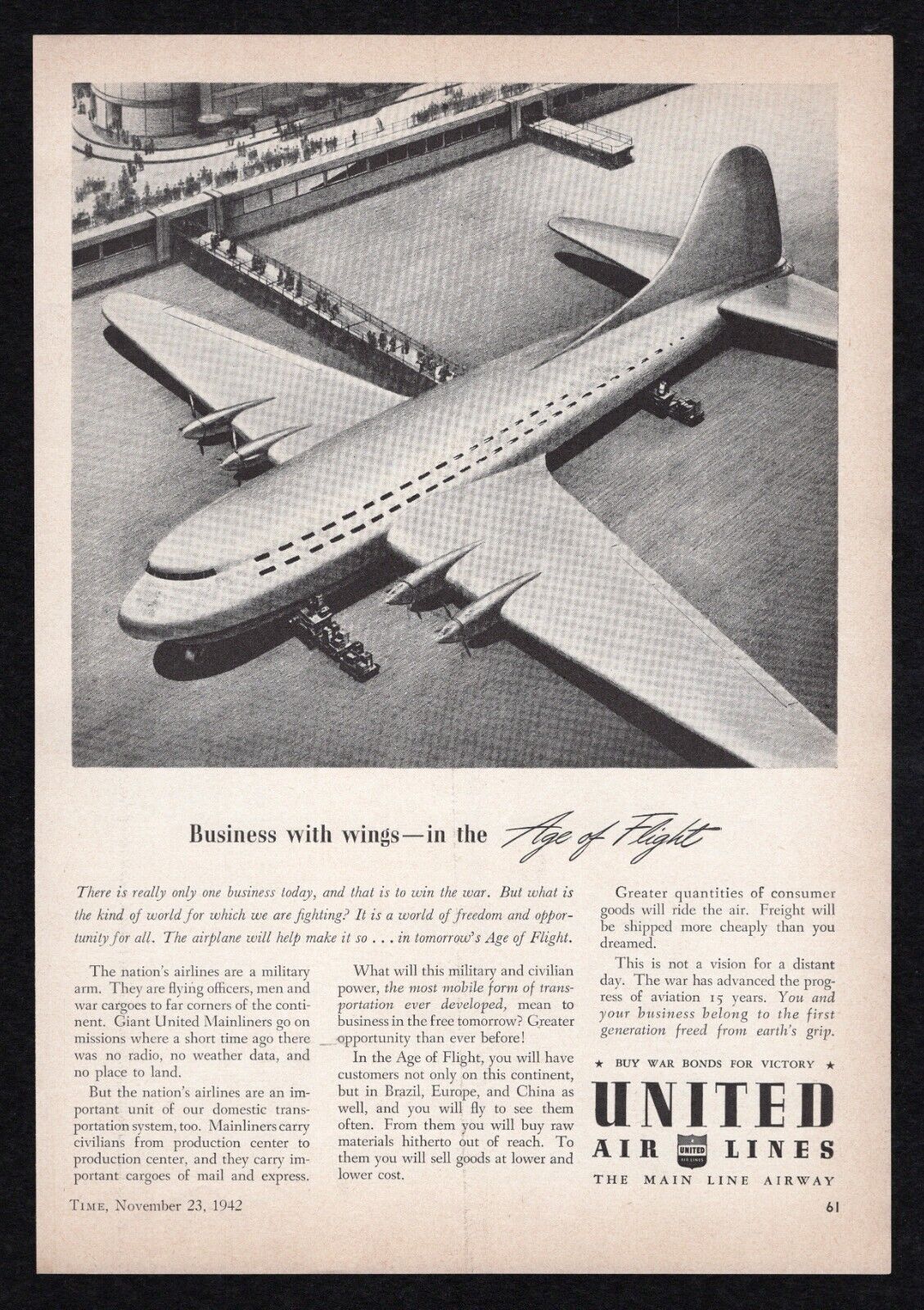 1942 United Air Lines Main Line Business Wings Age of Flight Win War Print Ad