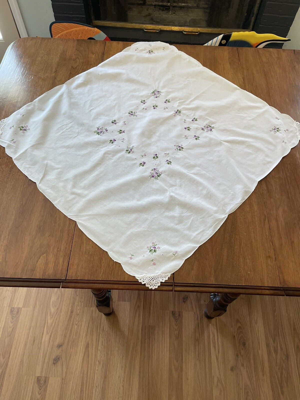 ANTIQUE Gorgeous Vintage Hand Embroidered Tablecloth 31x31” Sweet Purple Flowers