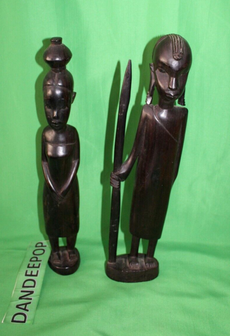 Vintage Pair Of Hand Carved Ebony Ironwood African Warrior Figures 14