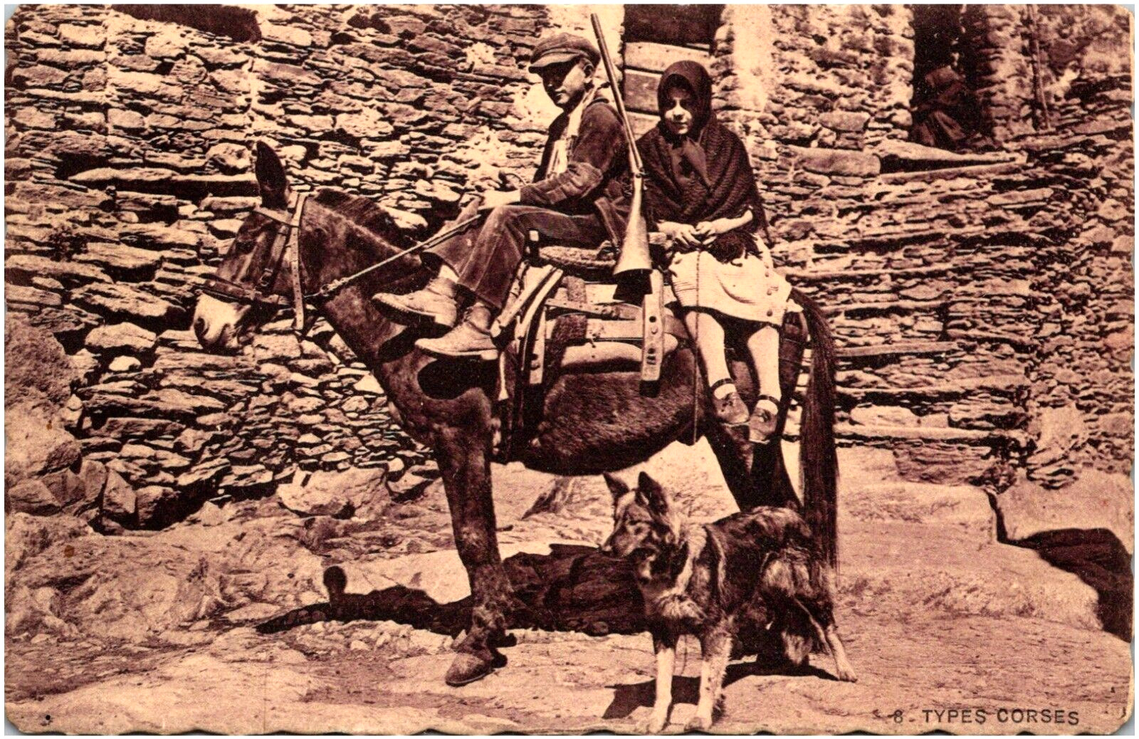 Man & Woman on Horseback Gun & Hunting Dog Corsica France 1910s RPPC Photo
