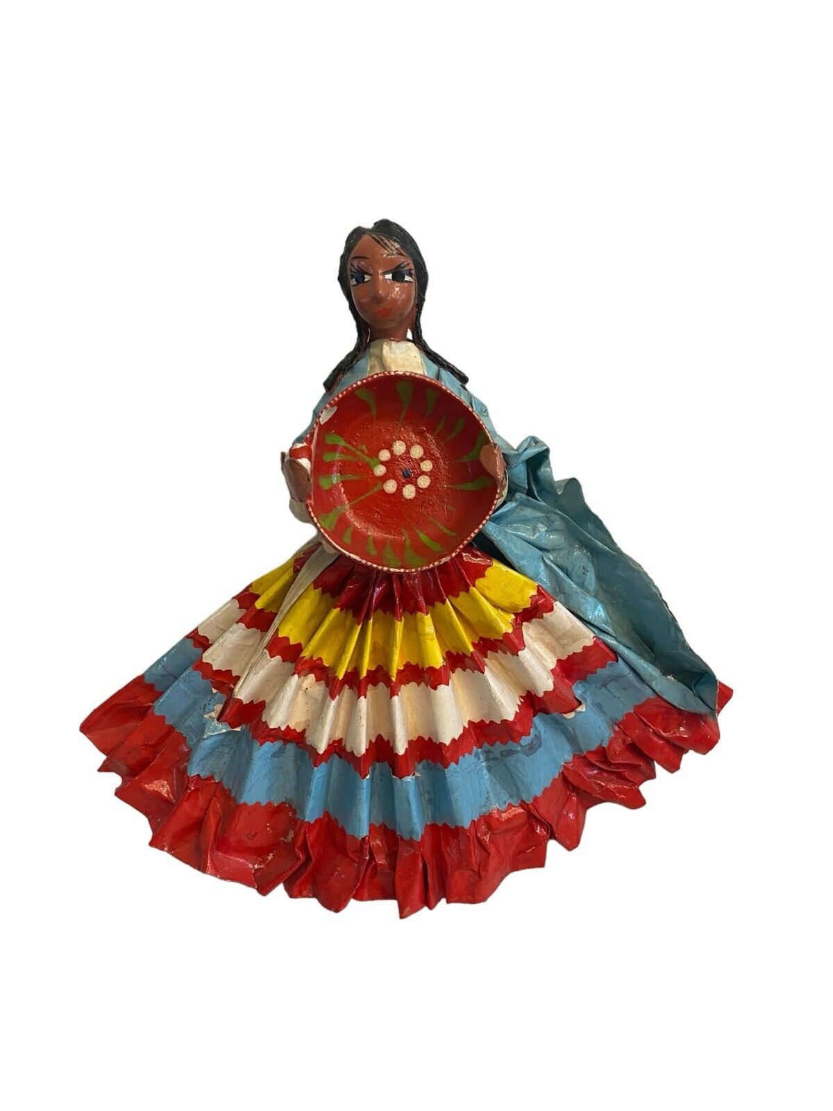 Folk Art Paper Mache Mexican Woman Figurine in Traditional Dress, Vintage