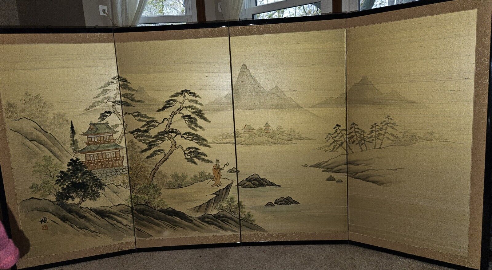 Japanese Byobu Four-Panel Folding Silk Screen Room Divider 72\