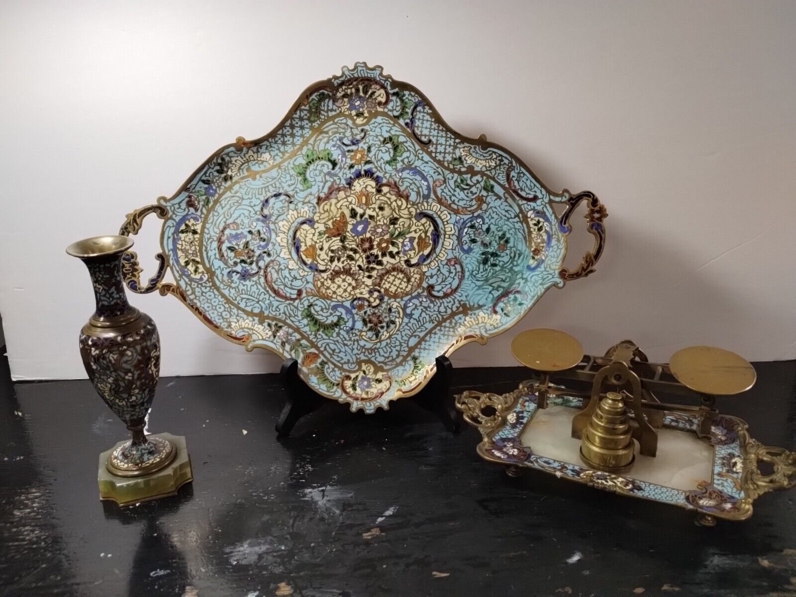 Rare Antique French Champleve Enamel & Bronze Collection 3 Pieces  1800s 