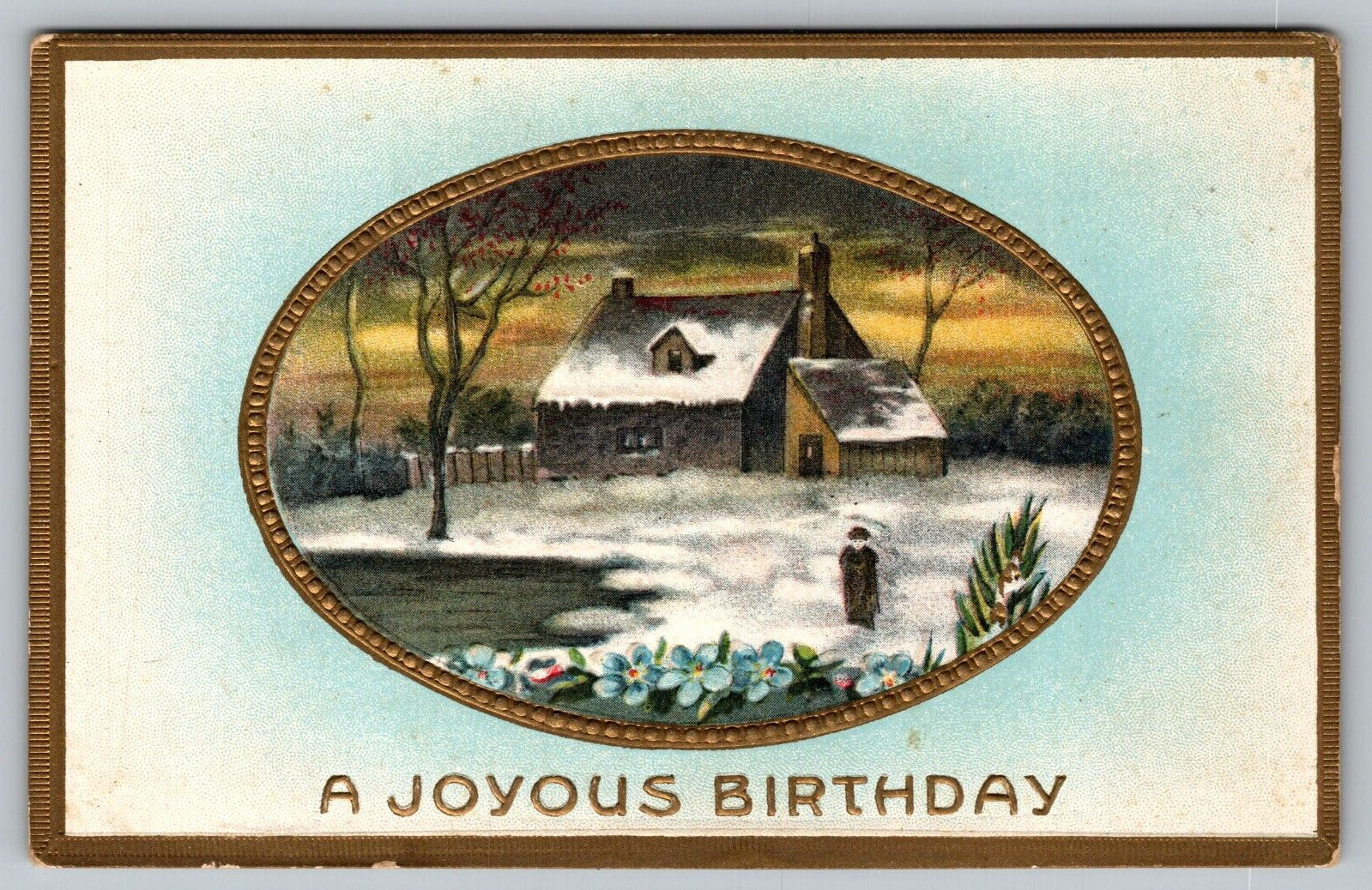 Postcard Embossed Joyous Birthday Greeting Country Winter Scene VTG c1910  H19