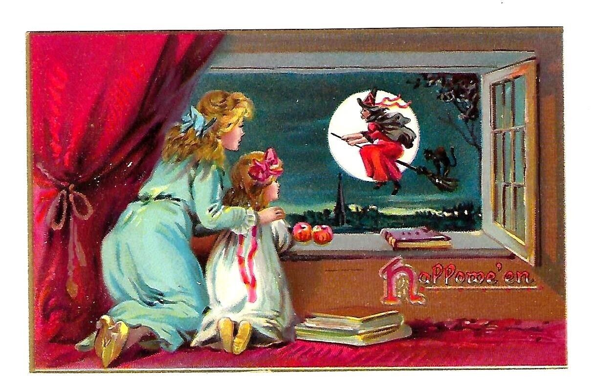 c1908 Tucks #150 Halloween Postcard Mom & Child Looking at Whitch & Black Cat