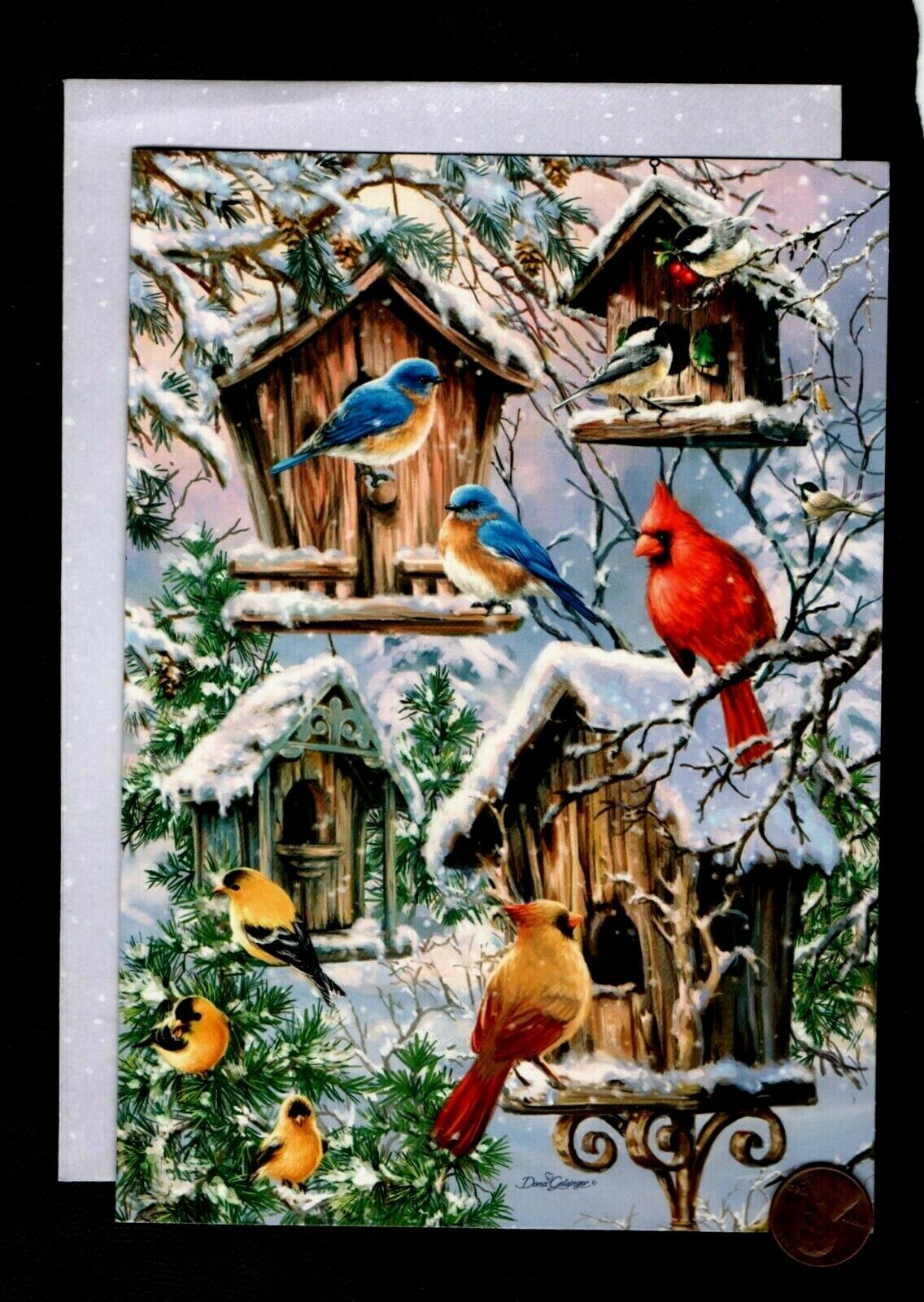 Christmas Birds Chickadee Cardinals Blue Bird Houses Christmas Greeting Card NEW