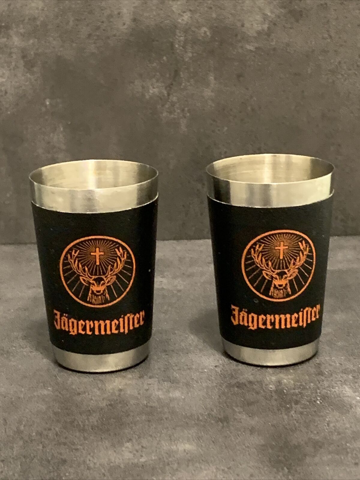 JAGERMEISTER 2x Shot Glasses Stainless Steel Wrapped with Faux Leather Stag Logo