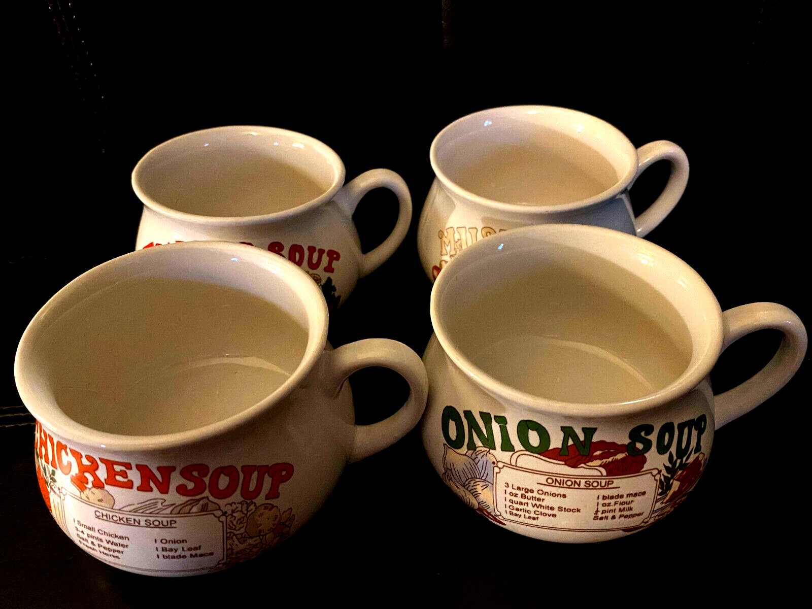 Vintage 12 Ounce Recipe Soup Mugs Set of 4 (Tomato, Mushroom, Onion, & Chicken