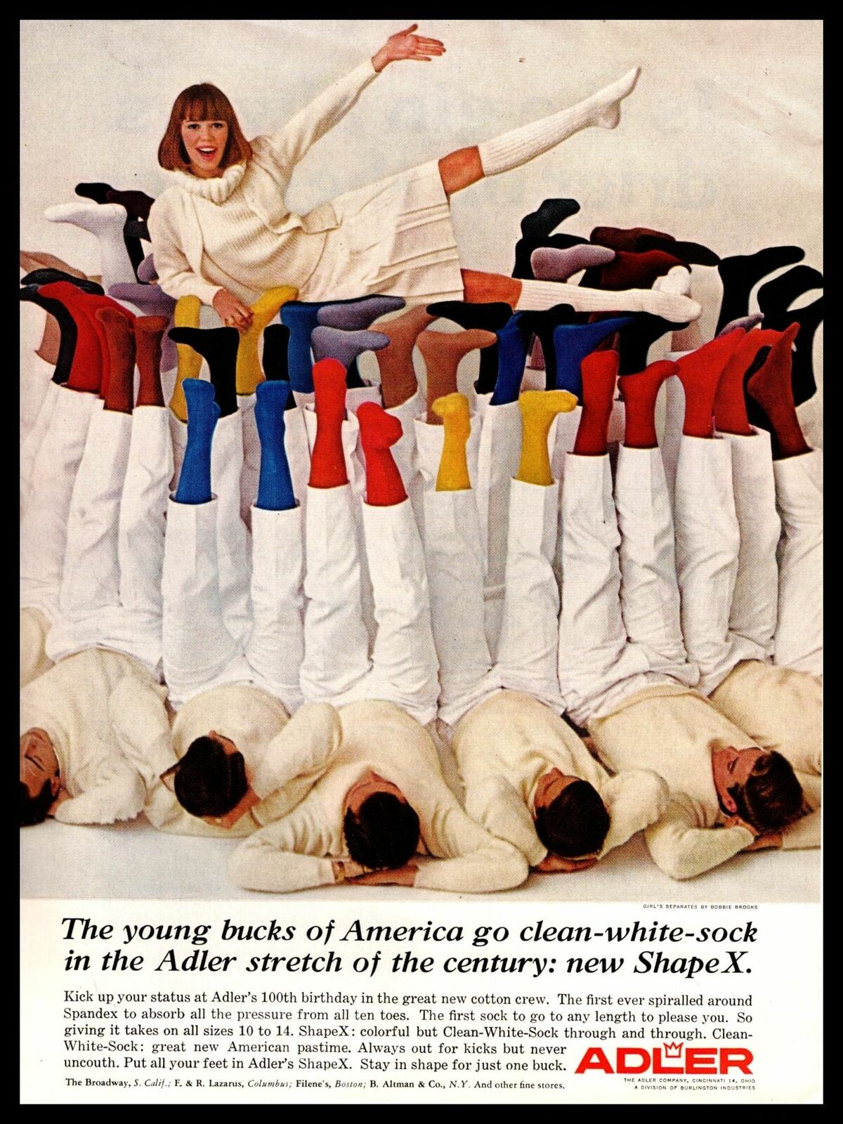 1965 Adler ShapeX Crew Socks Lady In Short Skirt Balanced On Men\'s Feet Print Ad