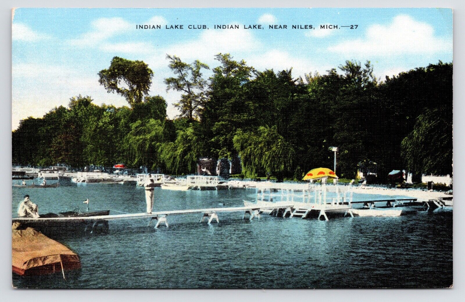 c1940s~Niles Michigan MI~Indian Lake Club~Bathers~Boat~VTG Linen Postcard