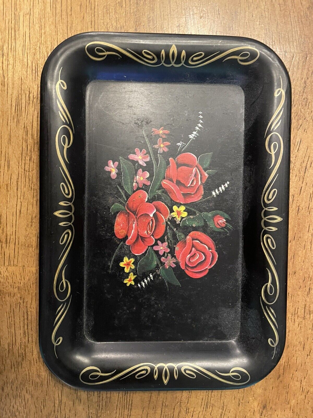 Vintage Black Small Toleware Tray Red Roses