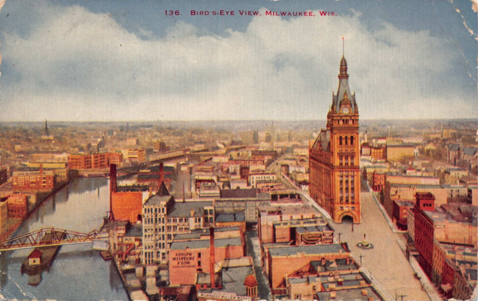 Milwaukee WI Main Street Pabst Building City Hall Bridge Aerial Postcard CP360
