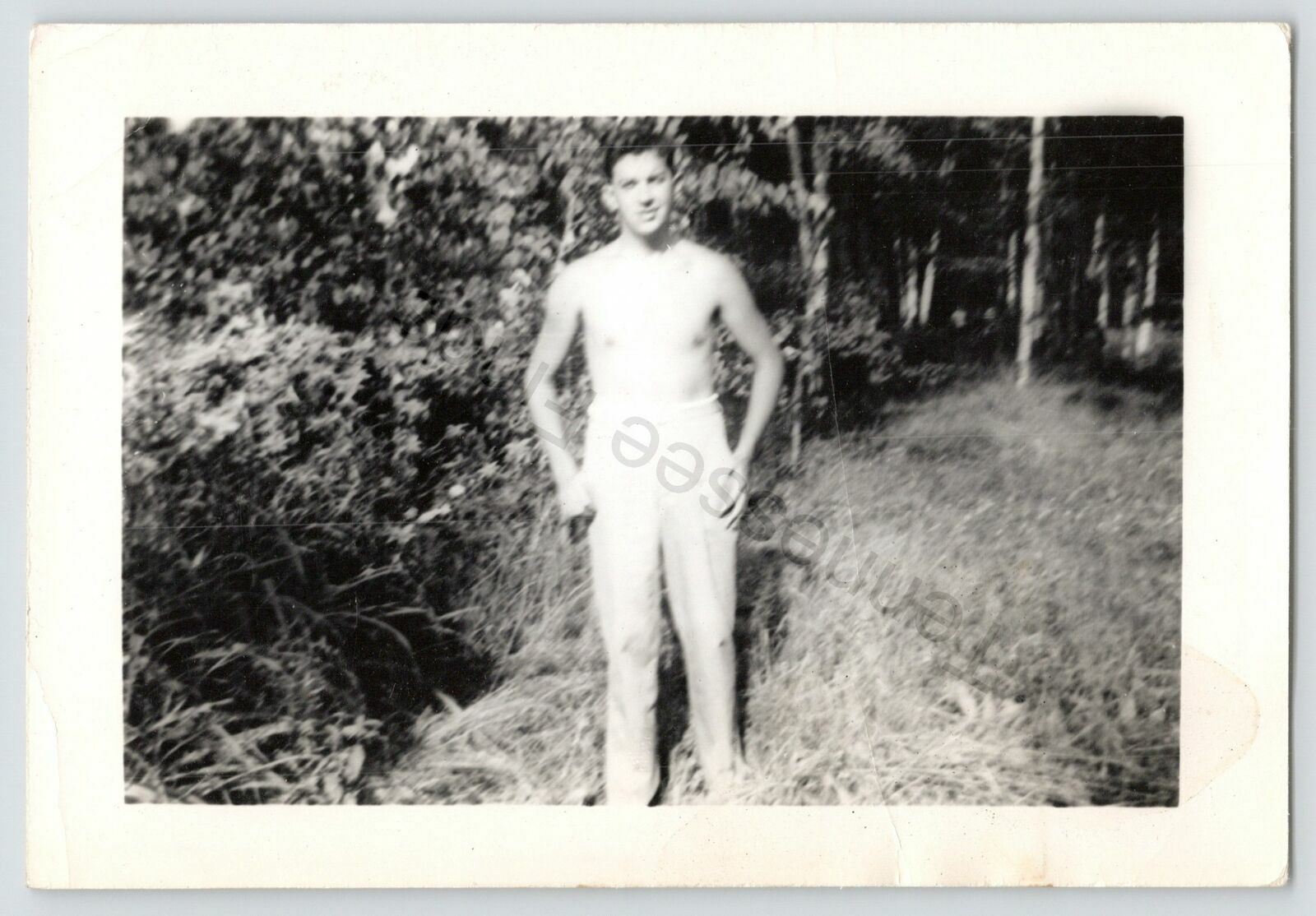 Shirtless Young Man Posing Outside Black & White Snapshot Photo Picture ph547