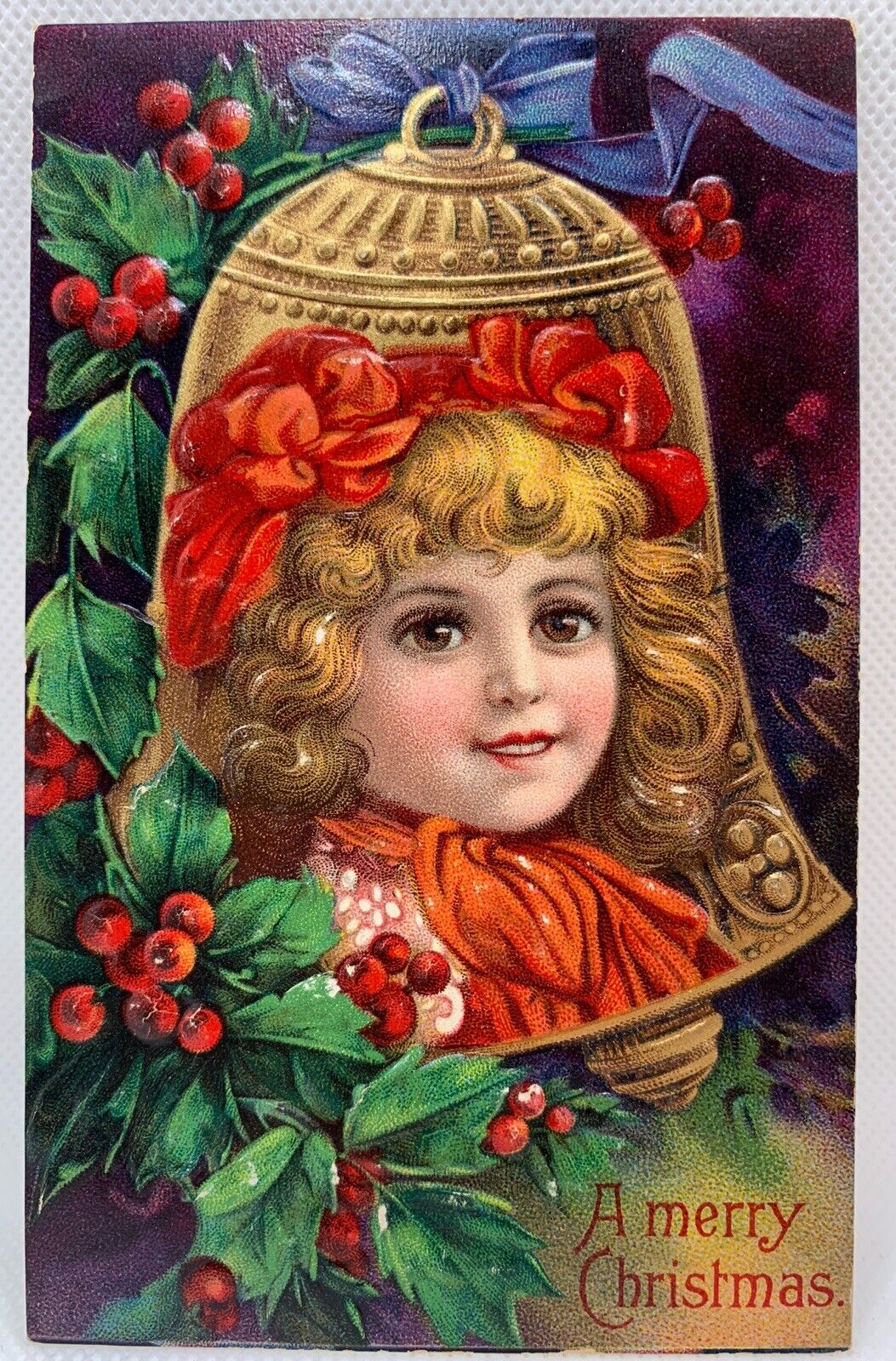 Vintage Christmas Postcard - A Merry Christmas - Girl Bell Holly