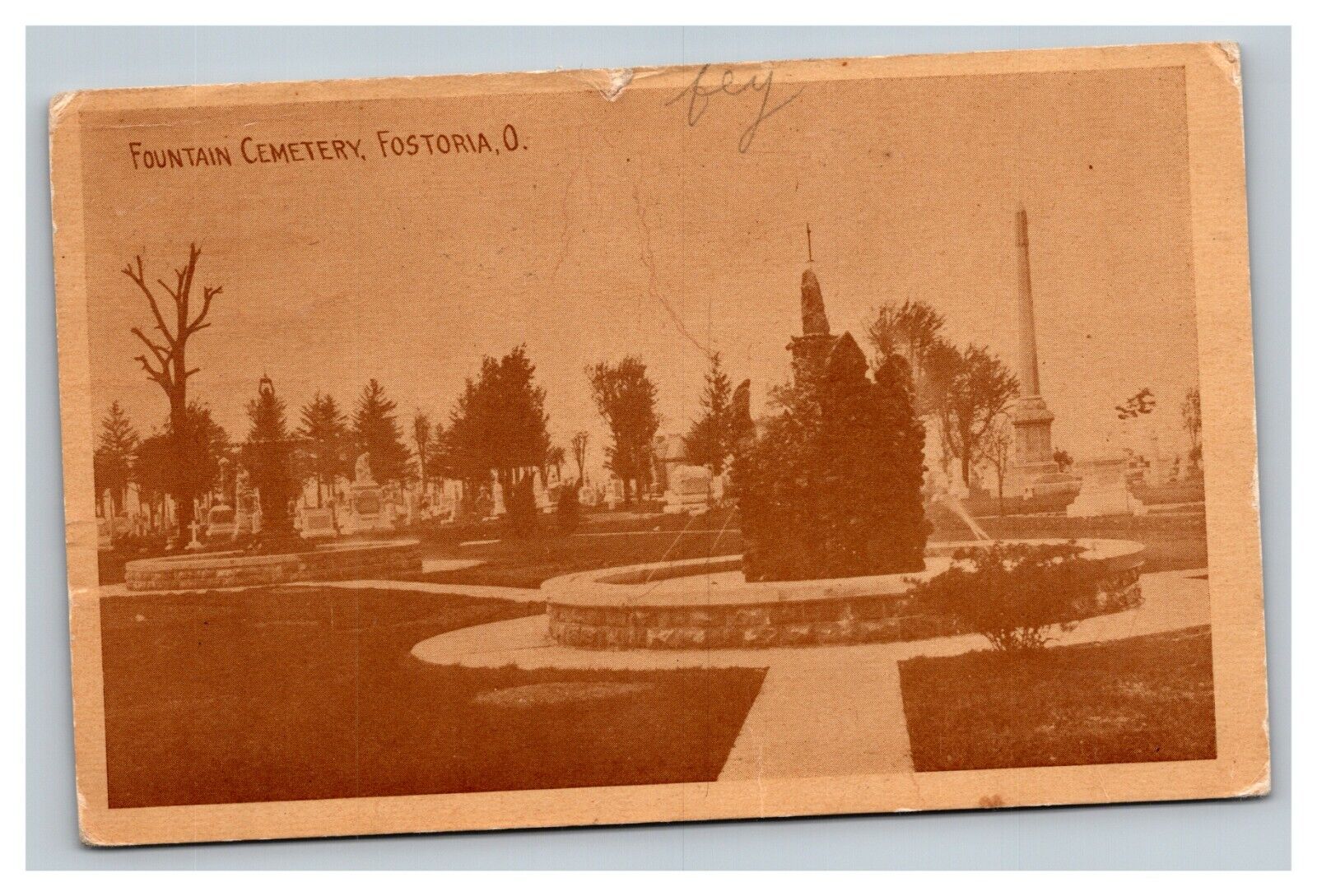 Vintage 1916 Photo Postcard Fountain Cemetery Fostoria Ohio