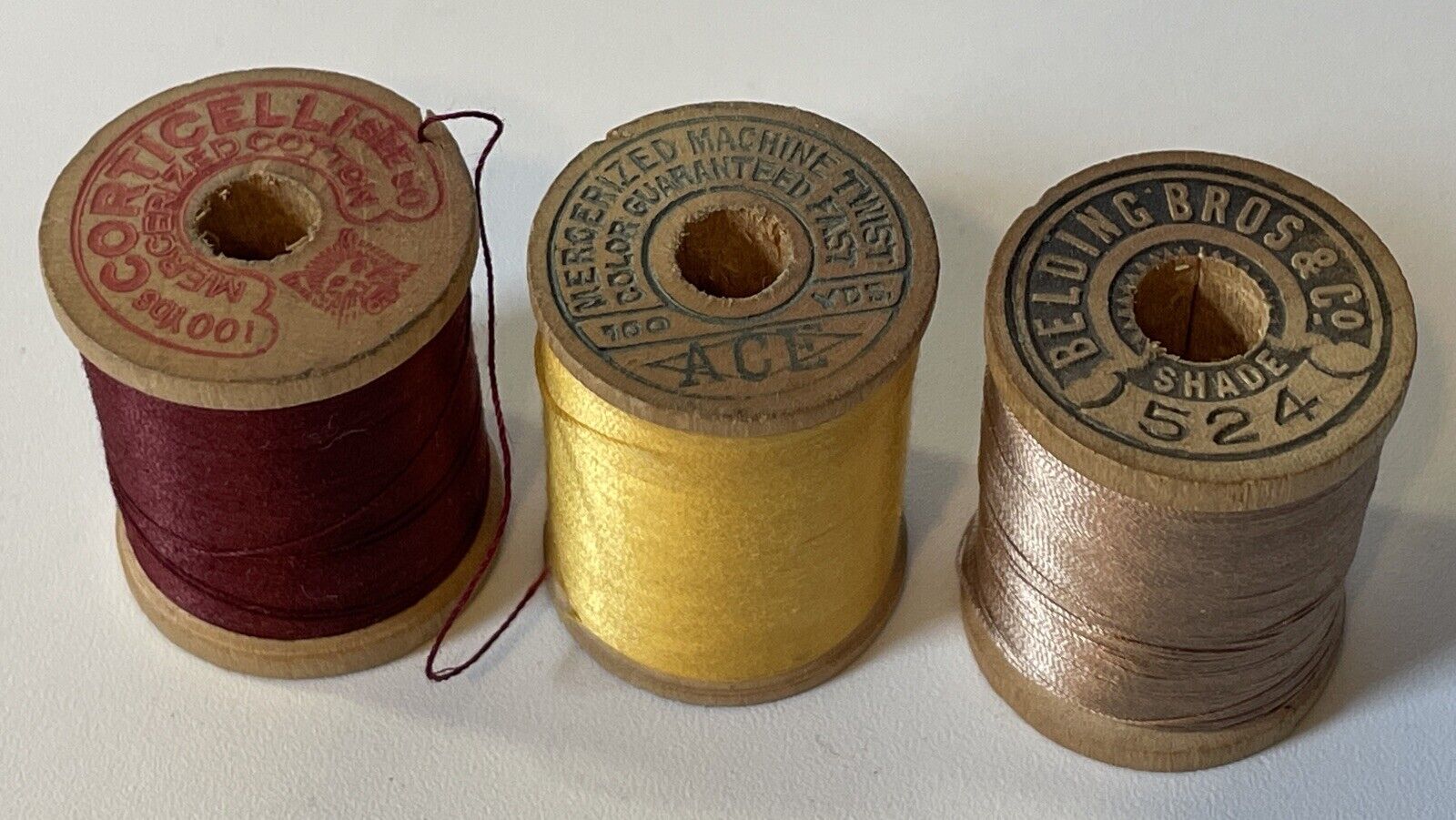 Set Of 3 Vint Wooden Spools Of Thread Corticelli, Belding Bros., Ace